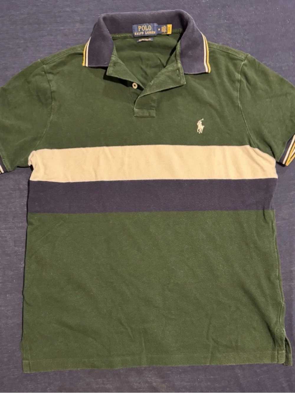 Men’s Medium Slim Fit Ralph Lauren Green, Navy & White Striped Polo Shirt
